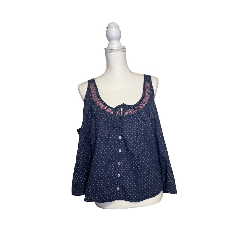 Lucky Brand Women's Blue Patterned Flowy Tank Top with Pink Embroidery Size XXL